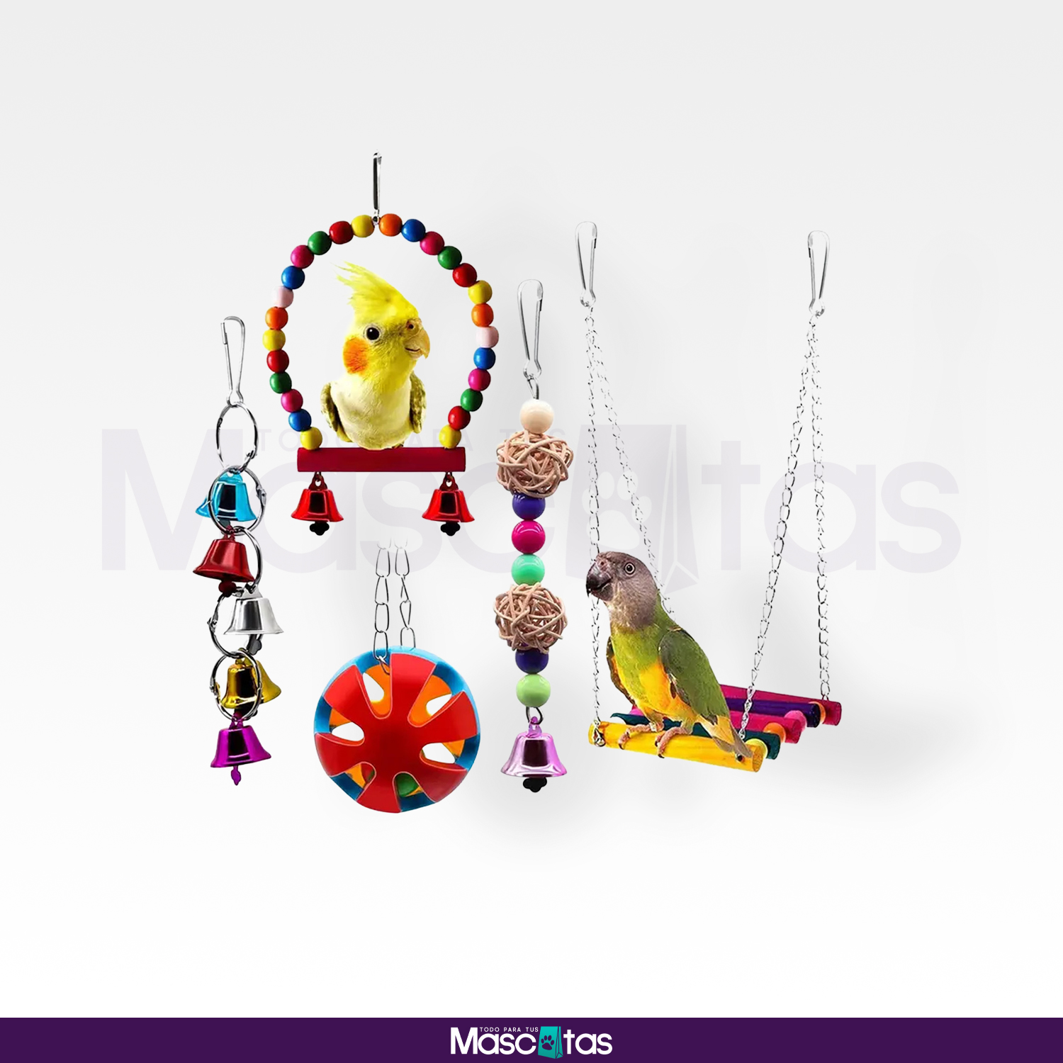 Set de 5 Juguetes Colgantes para Aves – Columpios, Escaleras y Mordedores